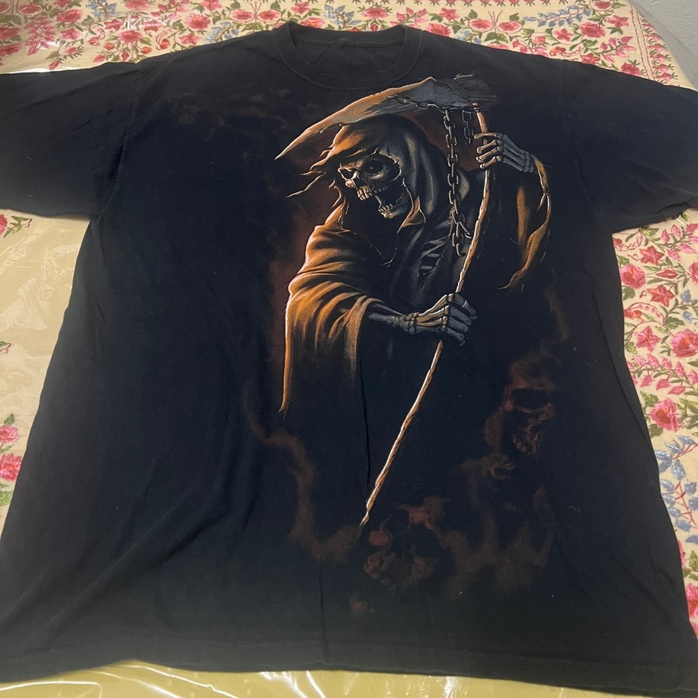 Vintage Y2k Grim Reaper evil skeleton black t-shirt mens Size large